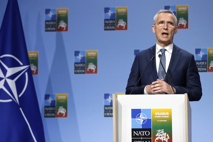 NATO Secretary-General Jens Stoltenberg speaks during a news conference ahead of a NATO summit in Vilnius, Lithuania, Monday. Russia's war in Ukraine will top the agenda when NATO leaders meet in the Lithuanian capital on Tuesday and Wednesday.