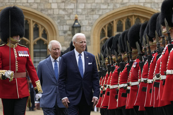 President Biden and King Charles review royal guards at Windsor Castle ahead of a meeting with philanthropists about financing clean energy projects in developing countries affected by climate change.