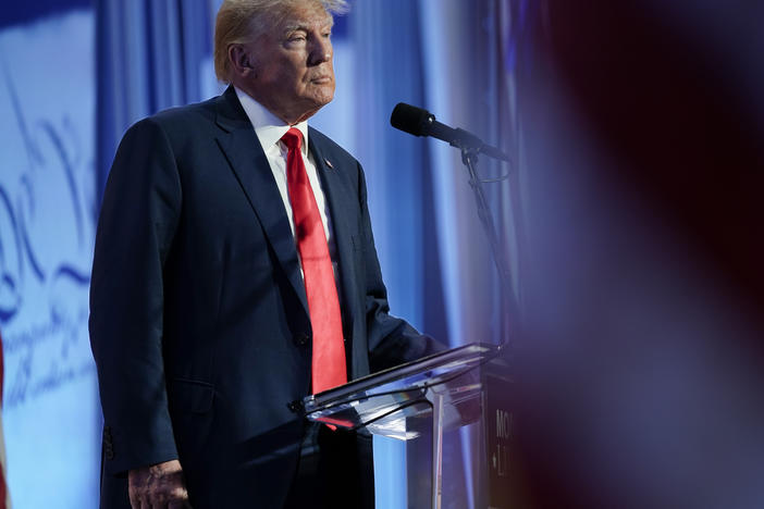 Former President Donald Trump speaks at a Moms for Liberty meeting in Philadelphia on June 30.