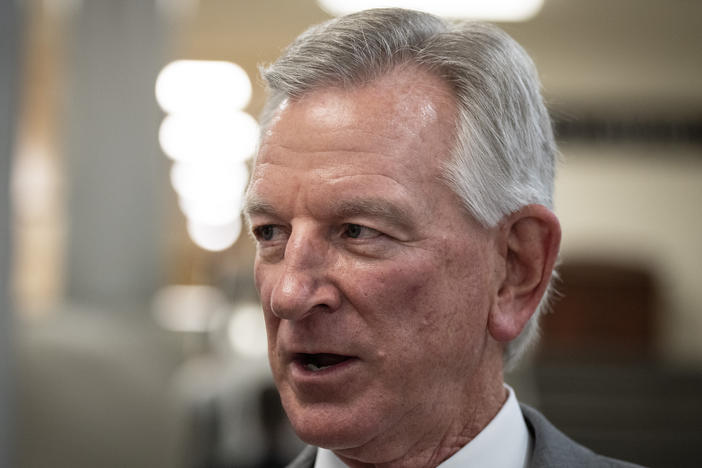 Republican Sen. Tommy Tuberville, pictured here speaking to reporters in the U.S. Capitol on July 10, has blocked hundreds of military nominations, causing logistical hurdles across the service.