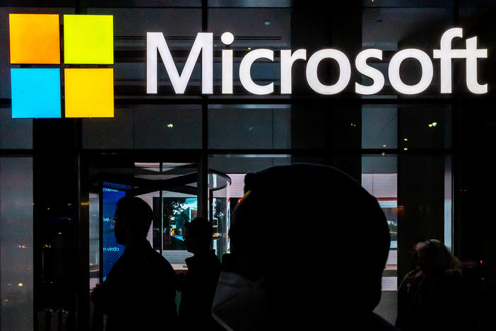 A signage of Microsoft is seen on March 13, 2020 in New York City. The U.S. government and Microsoft recently revealed that Chinese hackers broke in to online email systems and stole some unclassified information.