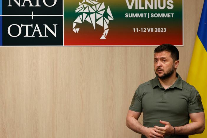 Ukrainian President Volodymyr Zelensky looks on prior to a bilateral meeting with the German chancellor and delegation on the sidelines of the NATO Summit in Vilnius on July 12, 2023.