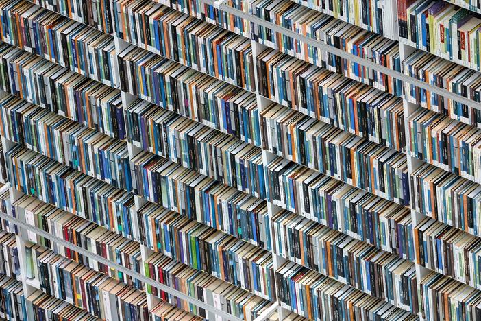 A visitor walks past shelves of books at the Mohammed bin Rashid Library in Dubai in June 2022. The library incorporates technology and artificial intelligence, including robots to help visitors and an electronic book retrieval system. It's just one example of the many ways AI has found its way into the world of books.