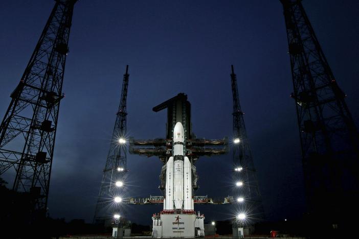 In this photo released by the Indian Space Research Organisation (ISRO), Indian spacecraft Chandrayaan-3, the word for "moon craft" in Sanskrit, stands in preparation for its launch in Sriharikota, India.