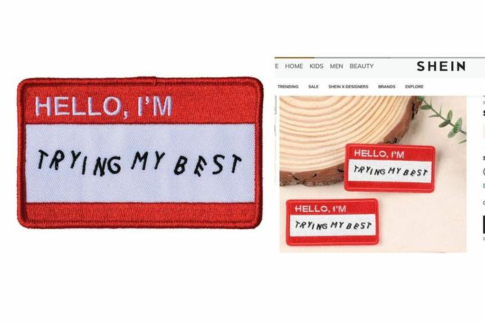 On the left is artist Jay Baron's design of an embroidered patch, and on the right is a Shein product.