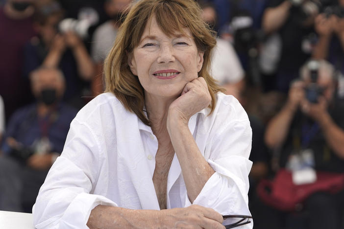 Jane Birkin poses for photographers at the photo call for the film<em> Jane By Charlotte</em> at the 74th international film festival, in Cannes, France, in July 2021. The actress-singer died on Sunday.