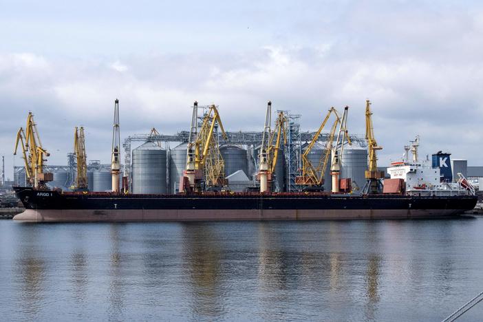 Bulk carrier ARGO I is docked at the grain terminal of the port of Odesa on April 10.