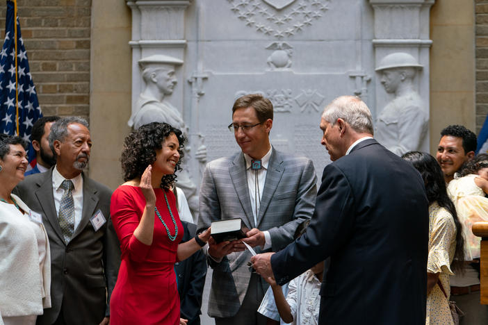 Xochitl Torres Small is sworn in as the Department of Agriculture's deputy secretary at USDA in Washington, D.C., on July 17. She was sworn in by USDA Secretary Tom Vilsack.