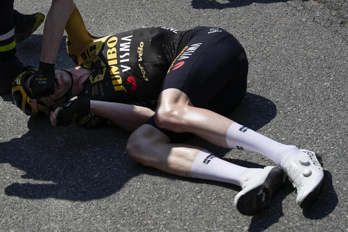 Belgium's Nathan van Hooydonck crashed during the 15th stage of the Tour de France cycling race over 179 kilometers (111 miles) with start in Les Gets Les Portes du Soleil and finish in Saint-Gervais Mont-Blanc, France, Sunday, July 16, 2023.