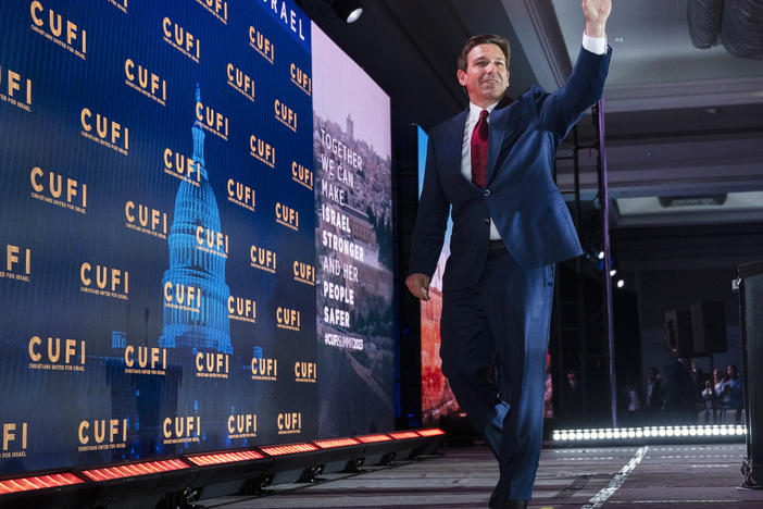 Republican presidential candidate Florida Gov. Ron DeSantis waves as he leaves the stage after speaking to the Christians United For Israel (CUFI) Summit 2023 in Arlington, Va., on Monday.