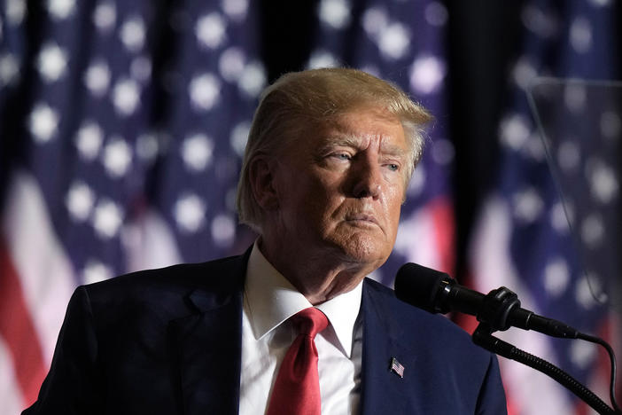Former President Donald Trump speaks on July 7 in Council Bluffs, Iowa. Trump said Tuesday that he has received a letter informing him that he is a target of the Justice Department's investigation into efforts to undo the results of the 2020 presidential election.