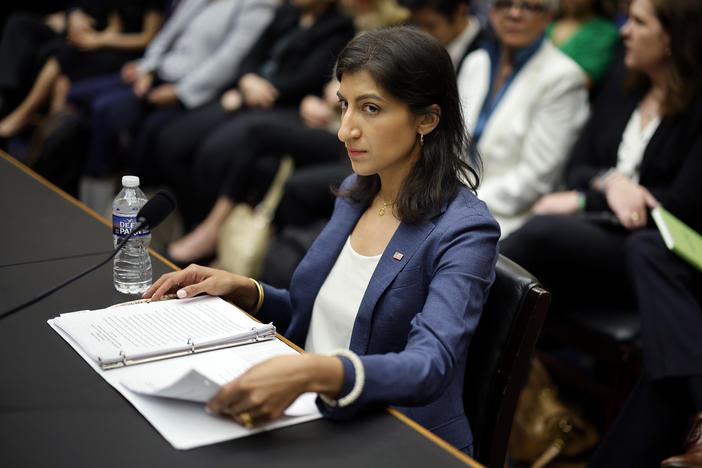 FTC Chair Lina Khan prepares to testify before the House Judiciary Committee on July 13.