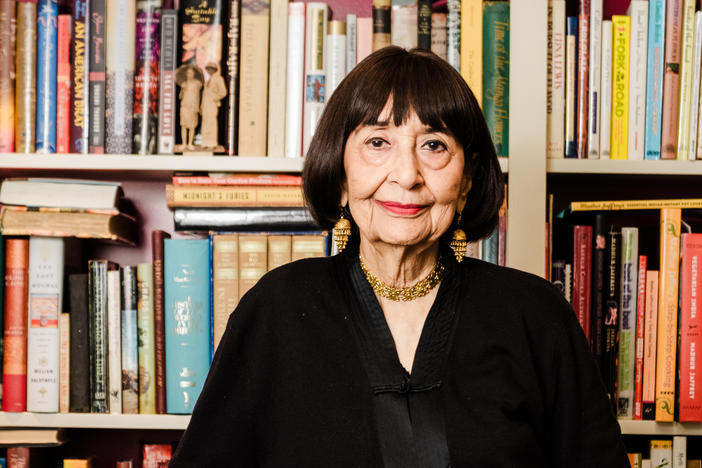 Madhur Jaffrey, Indian-American actress, chef and author, poses for a portrait leading up to the release of "An Invitation to Indian Cooking: 50th Anniversary Edition" at her home in Hillsdale, New York, US, on Friday, June 23, 2023.