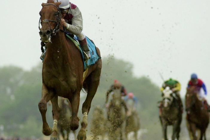 Jockey Jose Santos rides Funny Cide to victory in the 128th Preakness Stakes in May 2003.