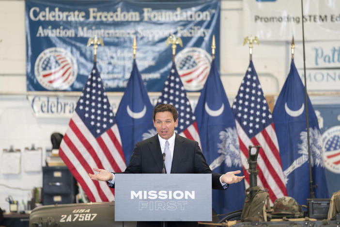 Florida Gov. and Republican presidential candidate Ron DeSantis speaks during a press conference in West Columbia, S.C., on July 18.