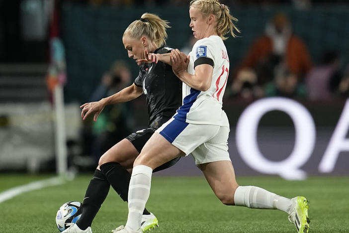 New Zealand's CJ Bott, left, and Norway's Julie Blakstad battle for possession at the first game of the Women's World Cup soccer game at Eden Park in Auckland, New Zealand, Thursday, July 20, 2023.