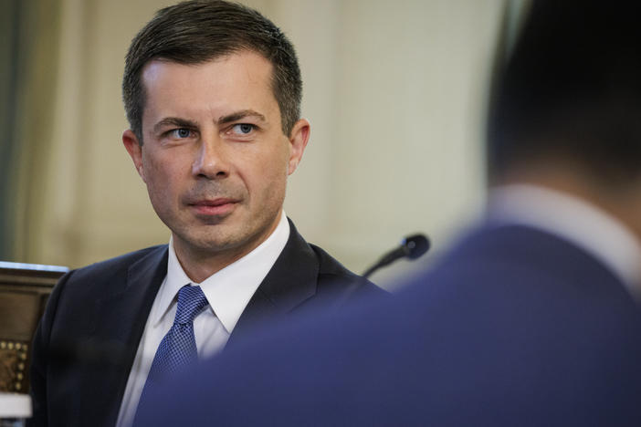 Transportation Secretary Pete Buttigieg during a meeting of President Biden's Competition Council in the State Dining Room of the White House in Washington, D.C., on Wednesday.