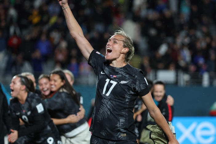 New Zealand's forward Hannah Wilkinson celebrates after her team won the Australia and New Zealand 2023 Women's World Cup Group A football match between New Zealand and Norway at Eden Park in Auckland on Thursday.