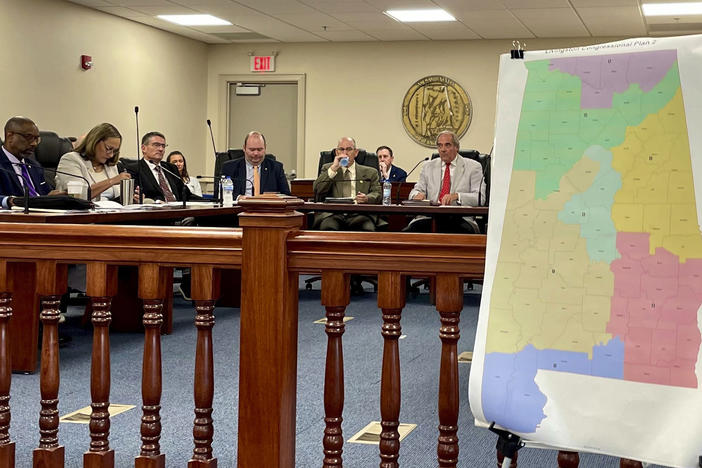 An Alabama Senate committee discusses a proposal to draw new congressional district lines on Thursday in Montgomery, Ala.