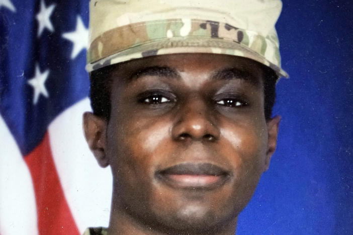 This family photo shows a portrait of American soldier Travis King displayed at the home of his grandfather Carl Gates, Wednesday, July 19, 2023, in Kenosha, Wis.