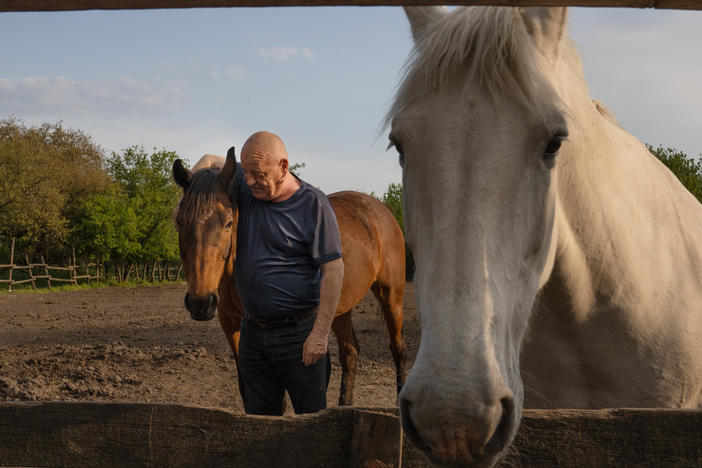 Yuriy Kopishynskyi stands with a horse at his family's horseback riding school on Khortytsia, an island on the Dnipro River just outside Zaporizhzhia, Ukraine.