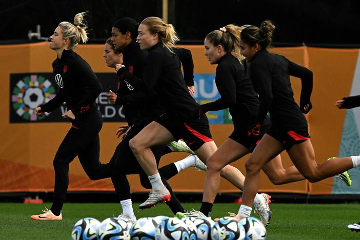 Players with Team USA attend a training session at the Bay City Park in Auckland, New Zealand, ahead of their World Cup match against the Netherlands.