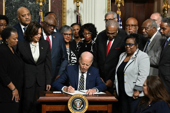 Surrounded by members of Congress, civil rights leaders and members of the Till family, President Biden signed a proclamation establishing the Emmett Till and Mamie Till-Mobley National Monument.