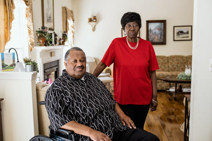 Thomas Greene with his wife, Bluizer, at their home in Oxford, Pennsylvania. After Thomas had a procedure on his leg, the anesthesia providers billed Medicare late, and he was sent to collections for the debt.