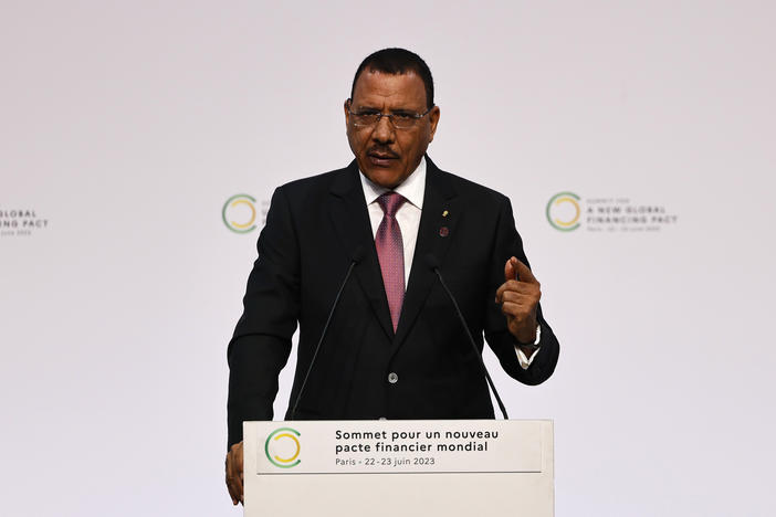 President of Niger Mohamed Bazoum delivers a speech at a financial summit in Paris, June 22. On Wednesday, he said members of the presidential guard tried to move against him.