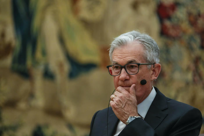 Federal Reserve Chairman Jerome Powell attends a meeting at the Spain's Central Bank in Madrid, Spain, Thursday, June 29, 2023.  In the U.S., Powell and the central bank are trying to navigate a "soft landing" for the economy.