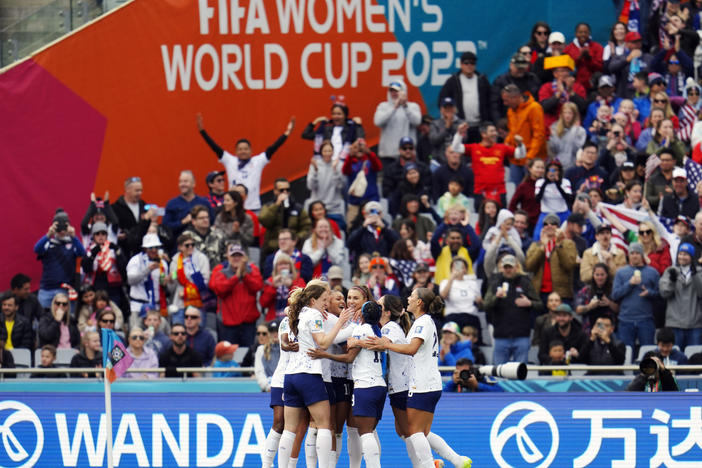 United States players celebrate after Sophia Smith (11) scored their first goal of the Women's World Cup against Vietnam on July 22, 2023. Referees have been adding plenty of extra time due to injuries, substitutions and goal celebrations.