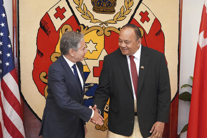 U.S. Secretary of State Antony Blinken, left, shakes hands with Tonga's Prime Minister Tonga's Prime Minister Siaosi Sovaleni in Nuku'alofa, Tonga Wednesday, July 26, 2023.