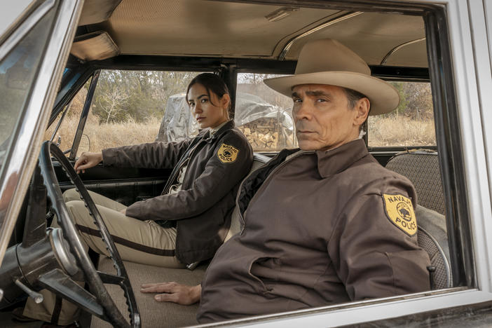Zahn McClarnon plays Lt. Joe Leaphorn and Jessica Matten is Sgt. Bernadette Manuelito in Season 2 of <em>Dark Winds.</em>