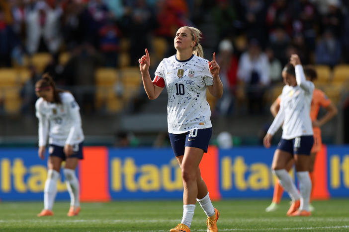 Lindsey Horan of USA celebrates after scoring her team's only goal against the Netherlands at the 2023 Women's World Cup group match on July 27, 2023 in Wellington, New Zealand.