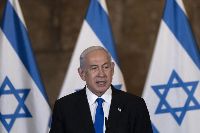Israel's Prime Minister Benjamin Netanyahu speaks at the weekly cabinet meeting, in the Western Wall tunnels in the Old City of Jerusalem, Sunday, May 21, 2023.