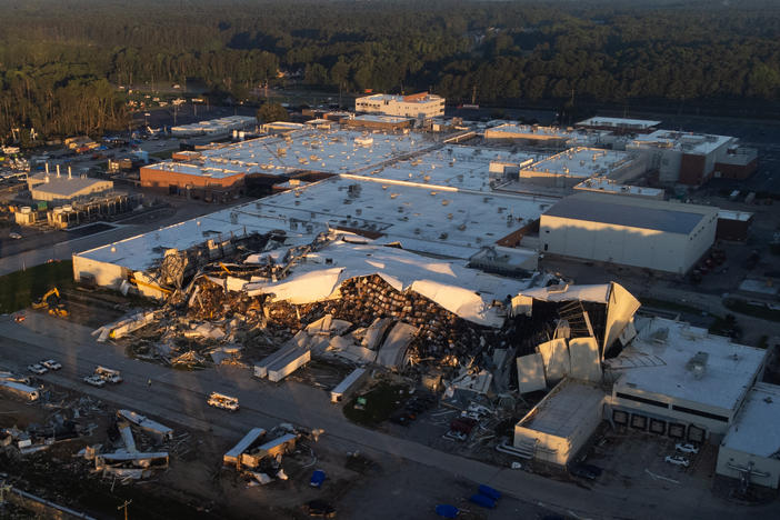 An aerial view shows damage to a Pfizer pharmaceutical factory in Rocky Mount, N.C., from a tornado that struck on July 19. The plant produces many drugs used in hospitals.