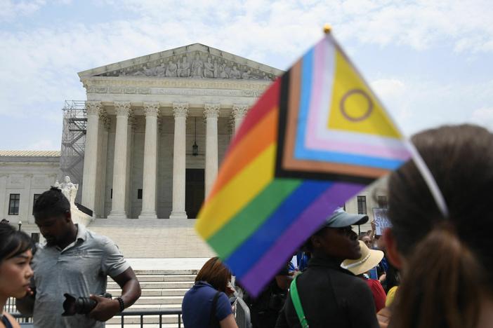 Gender rights activists demonstrate outside the U.S. Supreme Court on June 30, 2023, in Washington, D.C. Many of the bans states passed this year against gender-affirming health care for youth are in federal court and may be on their way to the U.S. Supreme Court.