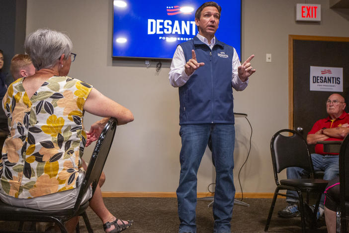 GOP presidential candidate Ron DeSantis speaks during a campaign event at Olde Boston's Restaurant & Pub in Fort Dodge, Iowa on July 14.