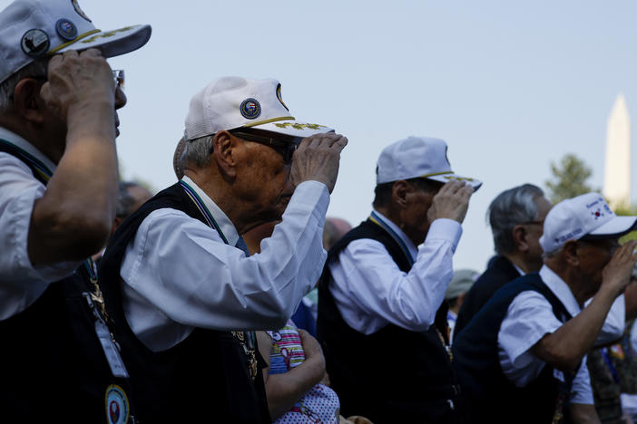 Korean War veterans from the Republic of Korea salute at a ceremony Thursday at the Korean War Veterans Memorial in Washington, D.C., commemorating the anniversary of the Korean Armistice Agreement. The agreement was signed July 27, 1953.