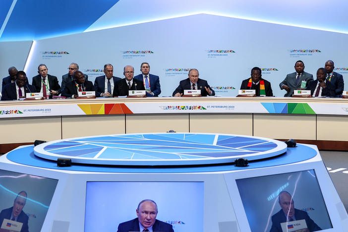 Russian President Vladimir Putin, centre, speaks during a plenary session at the Russia Africa Summit in St. Petersburg, Russia, Friday, July 28, 2023.