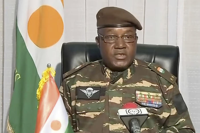 In this image taken from video provided by ORTN, Gen. Abdourahmane Tchiani makes a statement Friday, July 28, 2023, in Niamey, Niger.