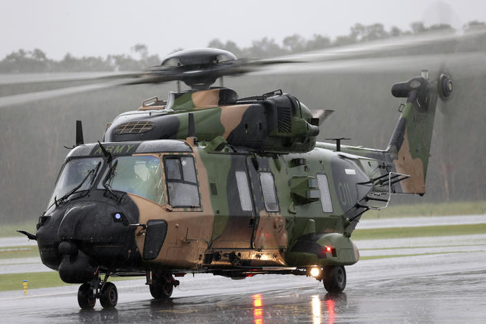 In this photo provided by the Australian Defence Force, an Australian Army MRH-90 Taipan helicopter prepares to take off from Ballina airport, Ballina, Australia, on Feb 27, 2022.