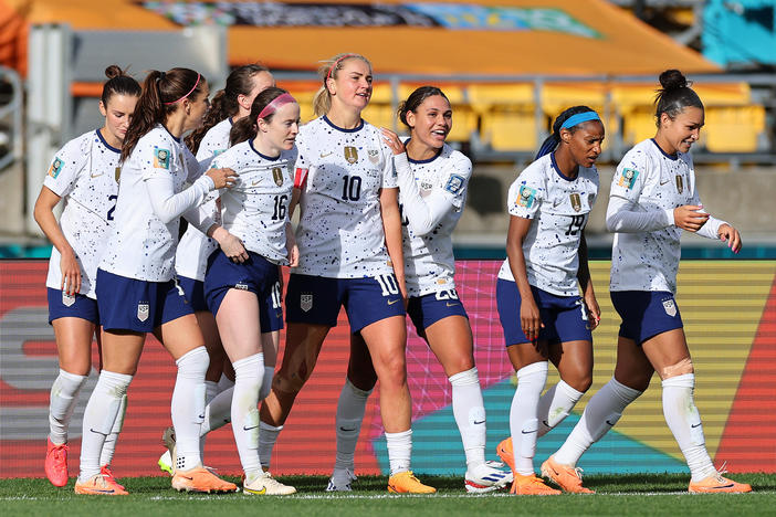 Members of the U.S. Women's National Team celebrate their game-tying goal against the Netherlands at the Women's World Cup on July 27 in Wellington, New Zealand.
