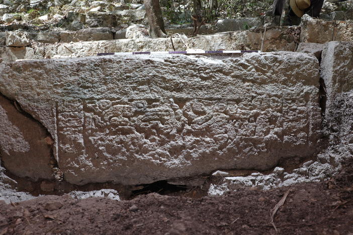 A relief carved on a block in a stairway, one of the many exciting artifacts uncovered at Ocomtun in May.