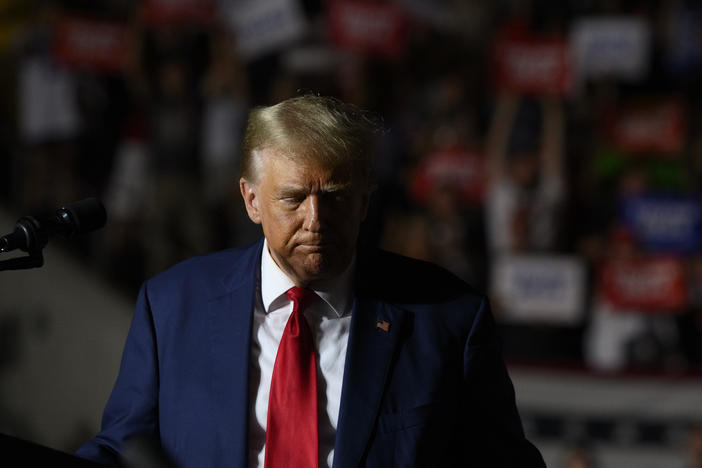 Former President Donald Trump speaks to supporters during a political rally while campaigning for the GOP nomination in Erie, Pa., in July.