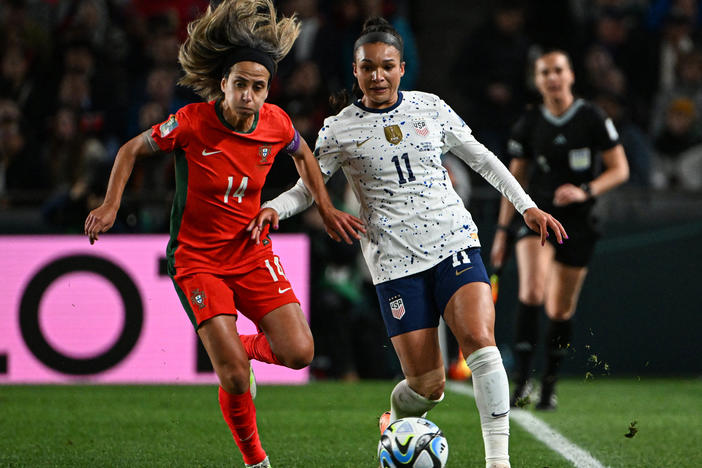 USA forward Sophia Smith (R) fights for the ball with Portugal midfielder Dolores Silva during the 2023 Women's World Cup match in Auckland, New Zealand on August 1, 2023.