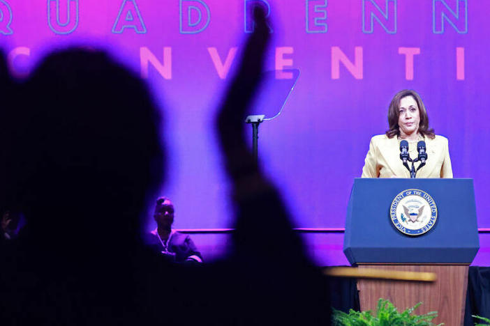 Supporters cheer as Vice President Harris addresses the 20th Quadrennial Convention of the Women's Missionary Society of the African Methodist Episcopal Church on Tuesday in Orlando.