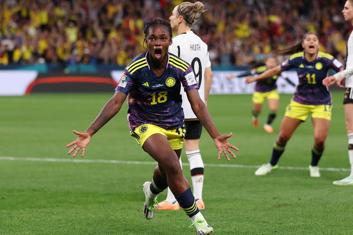 Linda Caicedo of Colombia celebrates after scoring her team's first goal during the World Cup match between Germany and Colombia.