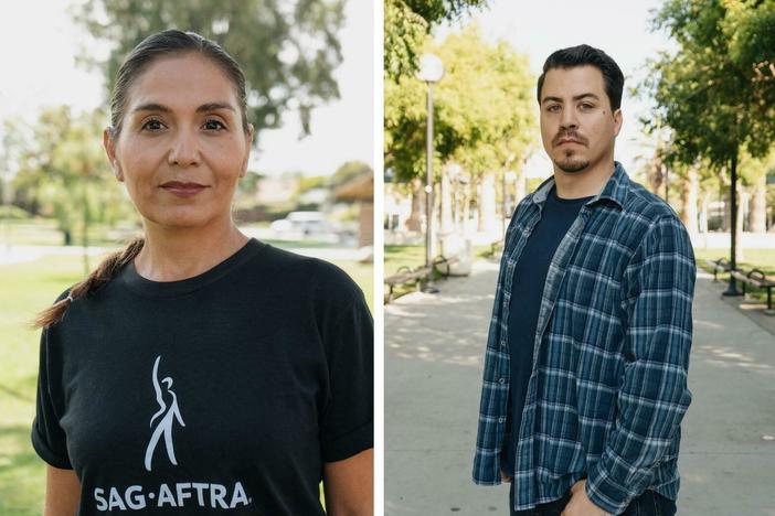 Los Angeles based background actors Rebecca Safier (left), Alexandria Rubalcaba and Dom Lubsey have all had production companies scan their faces and bodies to make digital replicas.