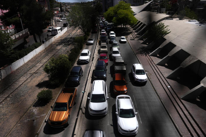 Cars line up outside the Dennis DeConcini Port of Entry in Nogales, Sonora, Mexico.